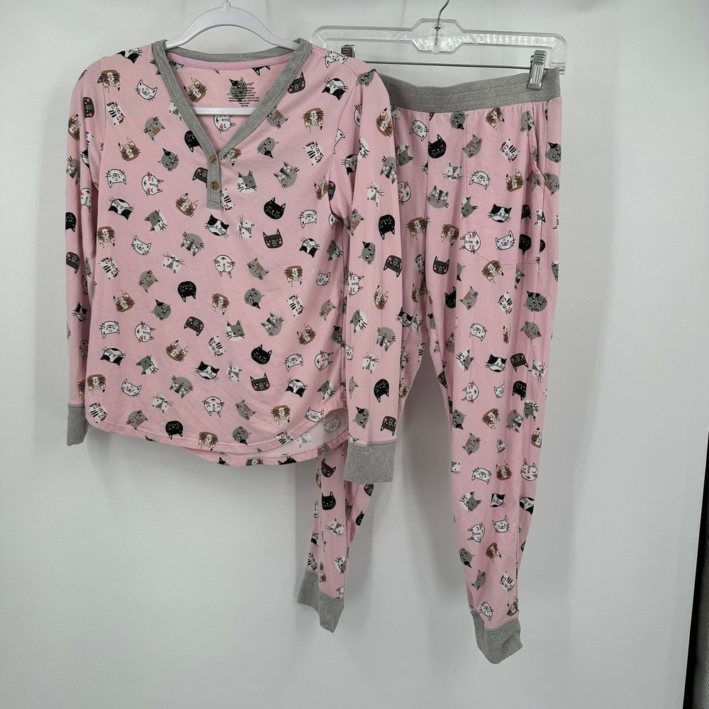 Cuddl Duds Womens Pink Cat Print Pajama Set Henley Top Jogger Pants Sz PS Kawaii